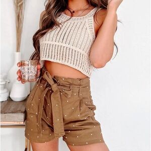 NWT Blu Pepper Paper Bag Waist Brown White Polka Dot Shorts - Size Medium